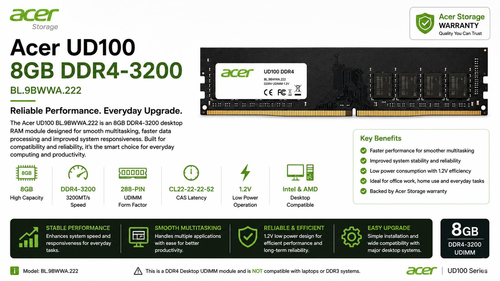 Acer UD100 BL.9BWWA.222, 8GB DDR4-3200 Desktop RAM, 3200MHz, CL22, 288-Pin UDIMM, 1.2V | BL.9BWWA.222